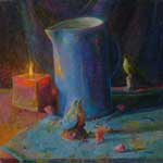 blue pitcher with candle