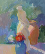 Demo with Statue and Blue Vase with Flowers